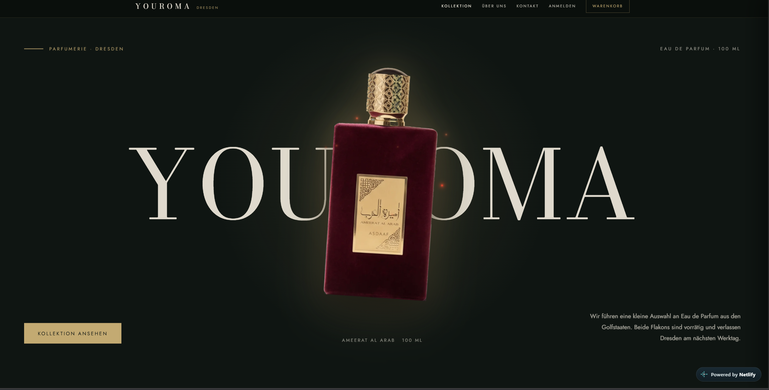 Startseite der Youroma-Website mit einem Parfüm-Flakon
